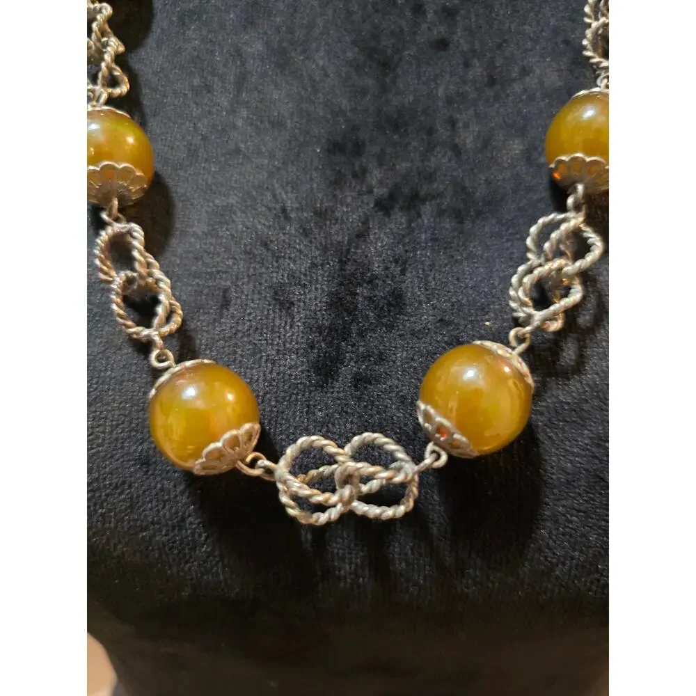Women's Vintage Style Amber Color Bead Necklace Silver Tone Chain Round Beads